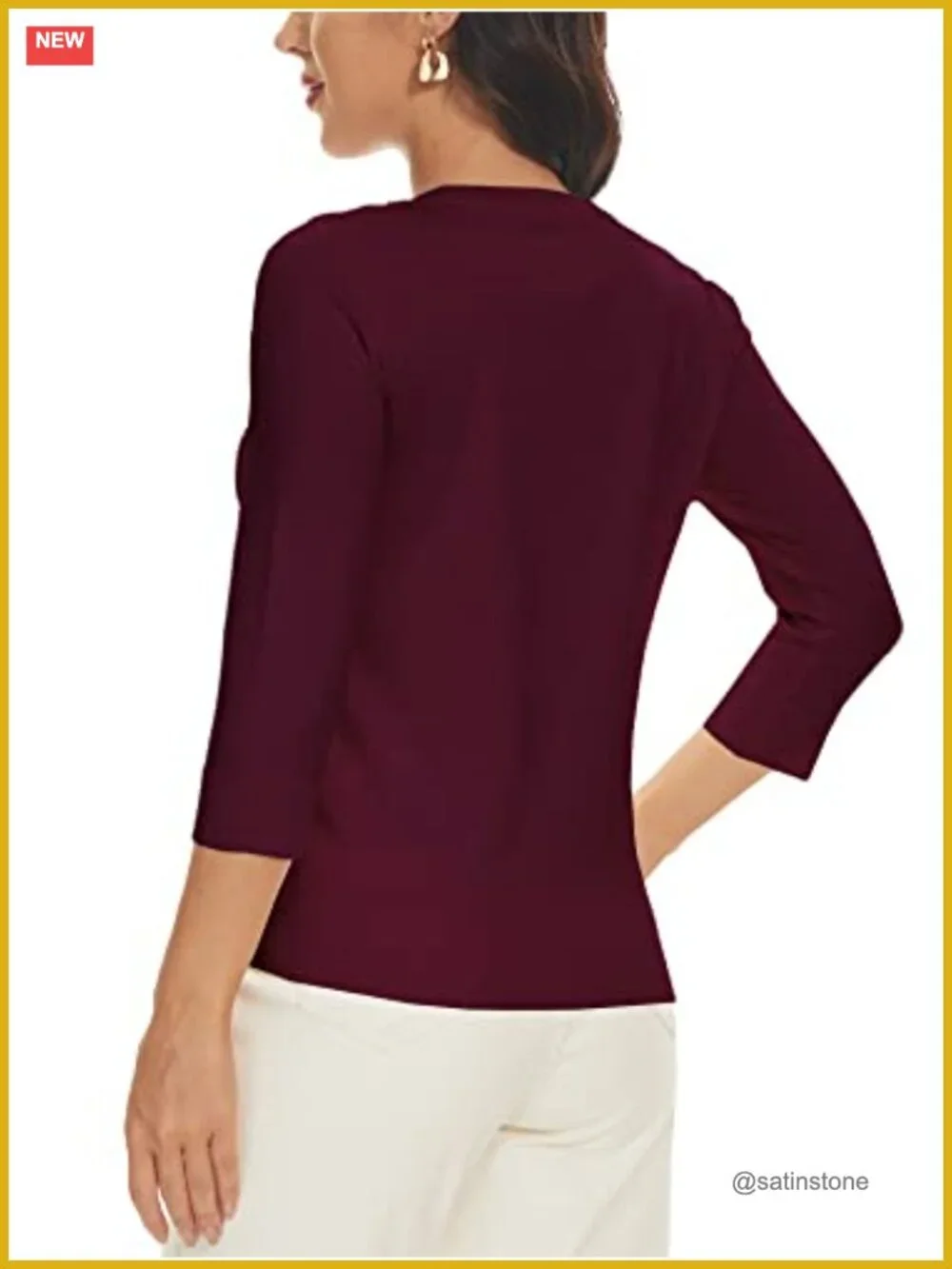 Women's 3/4 Sleeve Crewneck Sweater with Shoulder Buttons - Lightweight - Picture 2 of 5